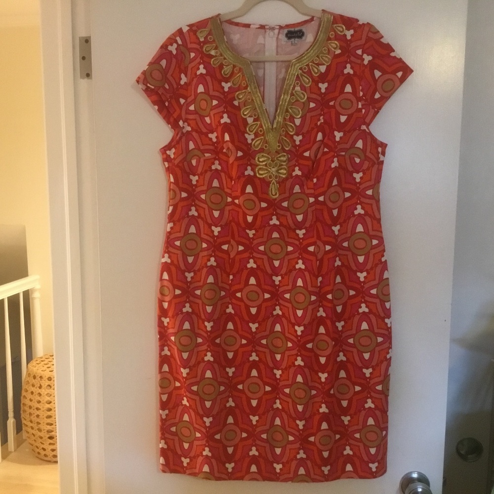 Coral dress w/gold embroidery NWOT